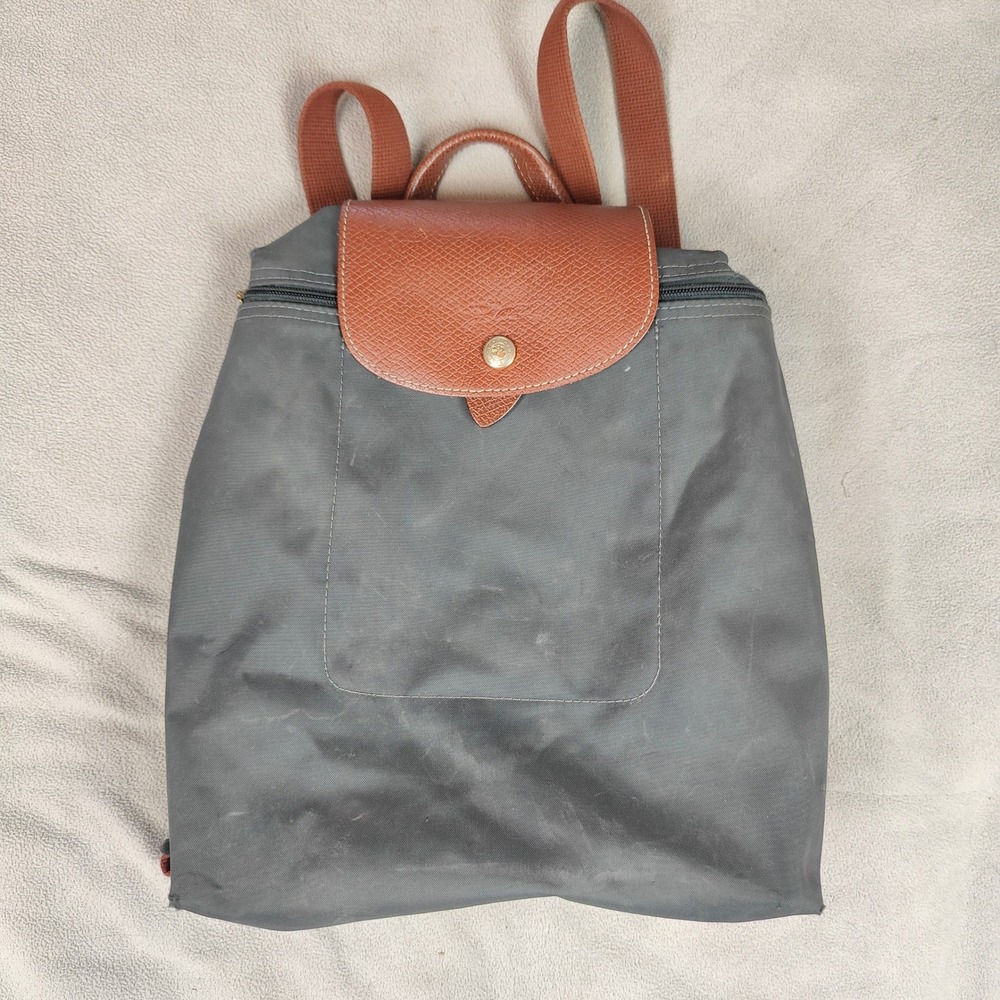 Longchamp Le‎ Pliage Backpack Gray Nylon Leather Trim Travel Lightweight